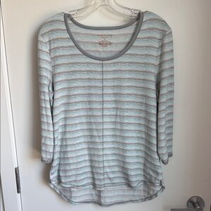 croft & barrow Gray and Aqua Striped Scoop Neck Long Sleeve Top